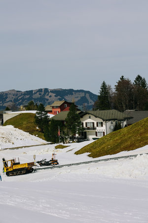 Stoos, Switzerland - April 12, 2022: Mountain village Stoos in Switzerland, in winter.のeditorial素材