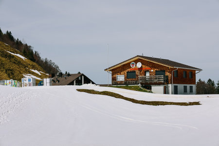 Stoos, Switzerland - April 12, 2022: Mountain village Stoos in Switzerland, in winter.のeditorial素材