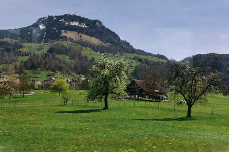 Scenic mountain village surrounded by the mountain, Canton Schwyz, Switzerland, Europe.の写真素材