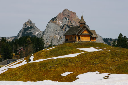 Small wooden church in village of Stoos in canton of Schwyz in Switzerland.の写真素材