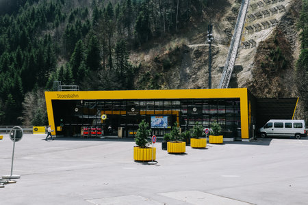 Stoos, Switzerland - April 12, 2022: The Stoosbahn, also known as the funicular from Schwyz & cable car from Morschach, connect to the car-free mountain village Stoos.のeditorial素材