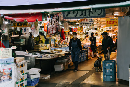 Sendai, Japan - April 8, 2023: Sendai Morning Market crowded also have a lot of fresh food here.のeditorial素材