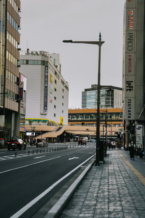 Sendai, Japan - April 8, 2023: Street view of Sendai in the evening with sunlight.のeditorial素材