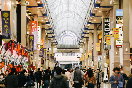 Miyagi, Japan - April 8, 2023: Hapina Nakakecho Shopping Arcade, a popular shopping street area in Sendai, Japan. The shopping street where you can buy anything such as shoes, cloth, bags.のeditorial素材