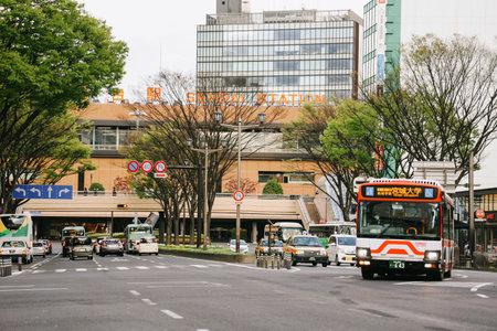 Sendai, Japan - April 8, 2023: Street view of Sendai in the evening with sunlight.のeditorial素材