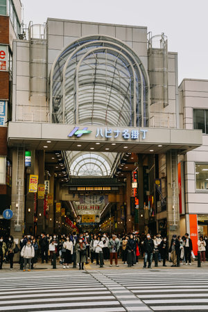 Miyagi, Japan - April 8, 2023: Hapina Nakakecho Shopping Arcade, a popular shopping street area in Sendai, Japan. The shopping street where you can buy anything such as shoes, cloth, bags.のeditorial素材