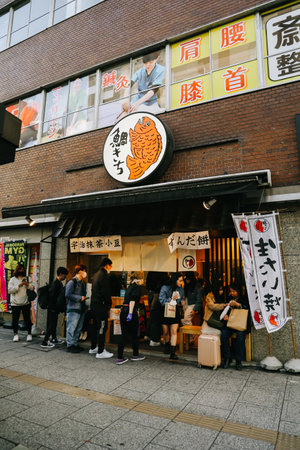 Sendai, Japan - April 8, 2023: Many tourists in front of Taikichi shop in Sendai.のeditorial素材