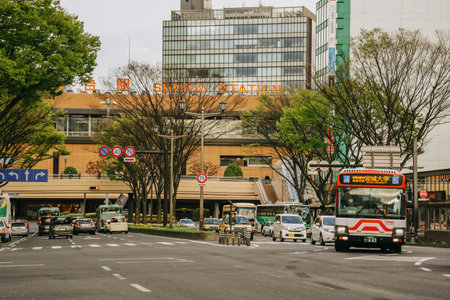 Sendai, Japan - April 8, 2023: Street view of Sendai in the evening with sunlight.のeditorial素材