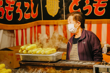 Miyagi, Japan - April 8, 2023: Japanese street food stalls at Sendai west park (Nishi-Koen).のeditorial素材