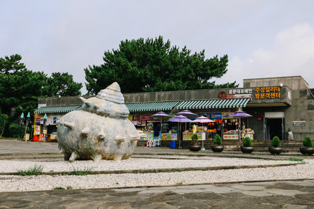 Jeju island, South Korea - July 12, 2022 : Souvenir shop at Jungmun Daepo Coast Jusangjeolli Cliff in Jeju city.のeditorial素材