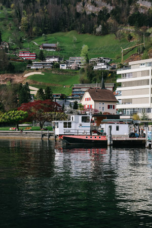 Luzern, Switzerland - April 12, 2022: Waterview on Swiss village near Lucerne, Switzerland.のeditorial素材