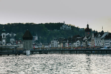 Luzern, Switzerland - April 12, 2022: Cityscape of Lucerne city in the evening.のeditorial素材