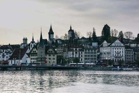 Luzern, Switzerland - April 12, 2022: Cityscape of Lucerne city in the evening.のeditorial素材