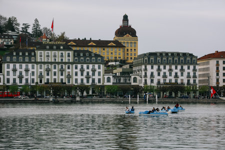 Luzern, Switzerland - April 12, 2022: Cityscape of Lucerne city in the evening.のeditorial素材