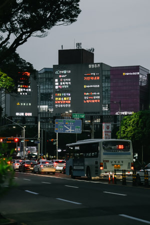 Jeju Island, South Korea - July 12, 2023: Street view of Jeju city in the evening.