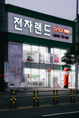 Jeju Island, South Korea - July 12, 2023: Street view of Jeju city in the evening.のeditorial素材