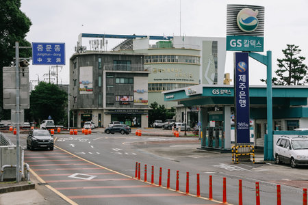 Jeju Island, South Korea - July 12, 2022: Street view of Seogwipo city in summer.のeditorial素材
