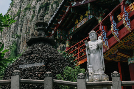 Jeju Island, South Korea - July 12, 2022: Sanbangsa or Bomunsa Temple located at the foot of the...