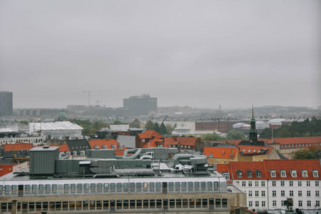 Beautiful view of Copenhagen city from top on round tower in rainy day.の写真素材