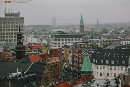 Beautiful view of Copenhagen city from top on round tower in rainy day.の写真素材
