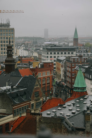 Beautiful view of Copenhagen city from top on round tower in rainy day.の写真素材