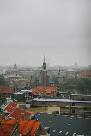Beautiful view of Copenhagen city from top on round tower in rainy day.の写真素材