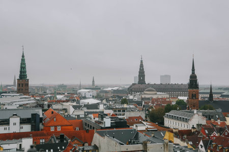 Beautiful view of Copenhagen city from top on round tower in rainy day.の写真素材
