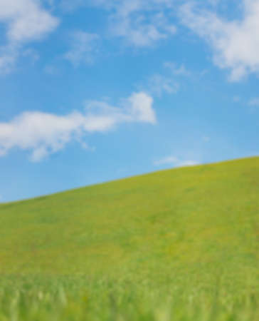 Blurred background of slope green hill on a clear blue sky with white clouds in soft tone. There are dry leaves on ground. Feeling relax and fresh. Idea for natural background with copy space on top.の写真素材