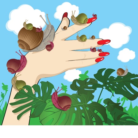 lots of little snails crawled on his hand and admired the blue sky and white cloudsのイラスト素材