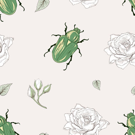 hand drawn rose chafer seamless pattern vintage engraving styleのイラスト素材