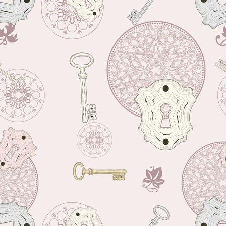 hand drawn keys and keyholes on radial seamless patternのイラスト素材