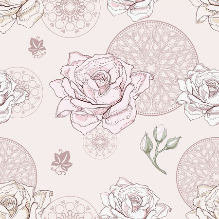 hand drawn rose and rosette seamless pattern vintage engraving styleのイラスト素材