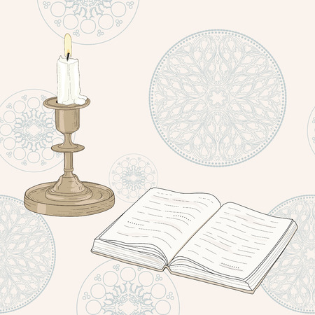hand drawn book and candle over rosette window backgroundのイラスト素材