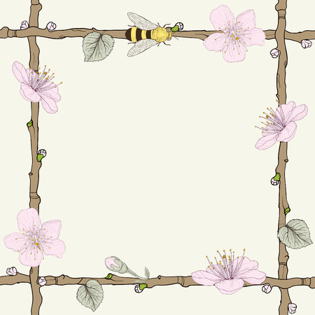 hand drawn twig frame with blossoms and beeのイラスト素材
