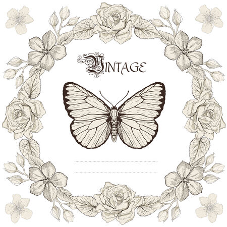 Hand drawn floral frame and butterfly. Vintage engraving styleのイラスト素材
