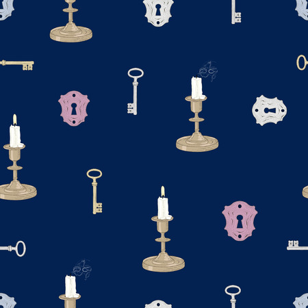Hand drawn candles keys and keyholes seamless pattern. Vintage engraving styleのイラスト素材