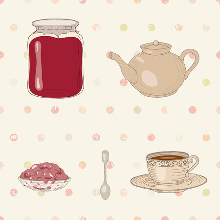 Set of jam jar, tea cup, pot, spoon and jelly dish on polka dot seamless backgroundのイラスト素材