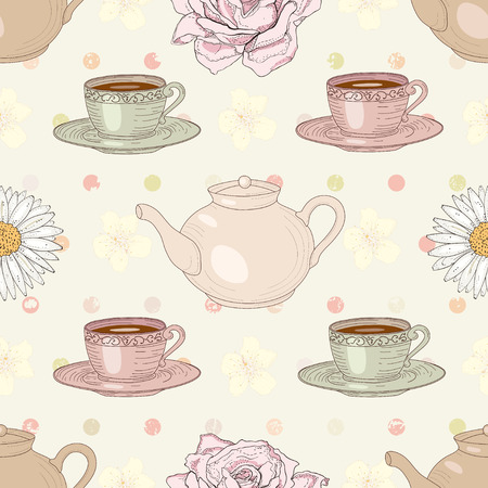 Herbal tea rose and chamomile with cups and teapots on polka dot background seamless patternのイラスト素材