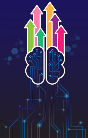 The background of technology, hi-tech, brain and arrows on the dark blue background, innovationのイラスト素材