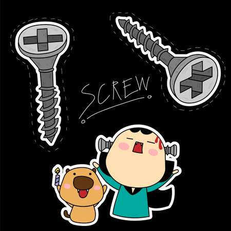 Screws with cute cartoon characters, girl and yellow bear, work toolsのイラスト素材