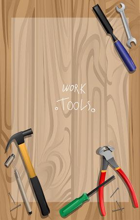 Many kind of tools on the wood background, hammer, screwdriver, nails, plier, chisel, spanner, penのイラスト素材