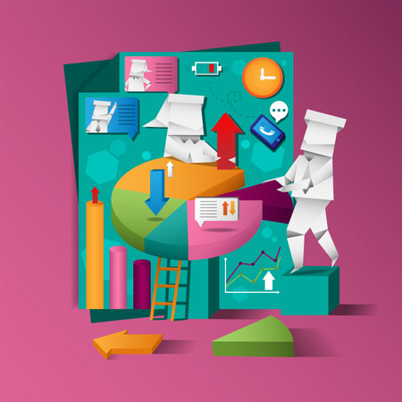 Pie chart, connect, contact, work space, information, businessman and woman working on the chart and graphのイラスト素材