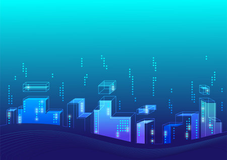 Blue building on the light blue background, city, landscape, architecture, modularのイラスト素材