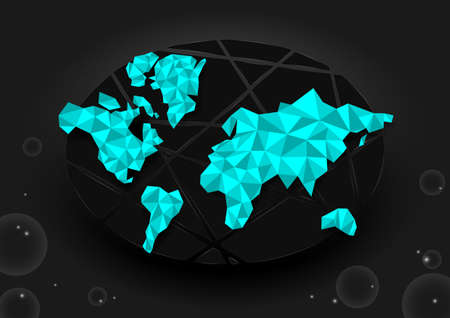 Light blue world map with little stars and bubbles on the black background, cyberspace, network,...
