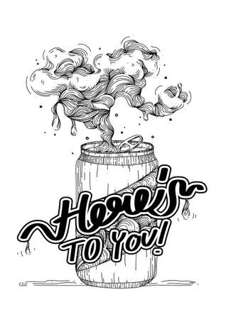 "Here to ypu!" a can with bubble on the white background, hand-written, quote and font style, lettering, drawing, outline, calligraphy, black and whiteのイラスト素材