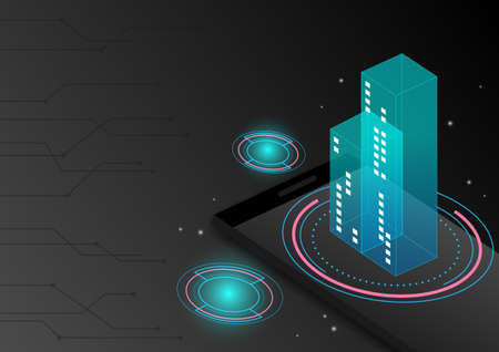 Blue building with digital circle and smart phone on the black background, city, landscape,...