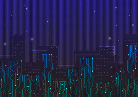 Electricity building on the dark blue background with little stars, city, landscape, architecture, modular, technology, digitalのイラスト素材