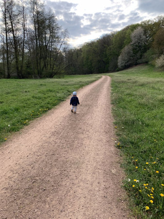 Little boy running on a dirt road through the meadow in springの写真素材
