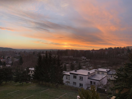 Sunset in the city of Ternopil, Ukraine.の写真素材