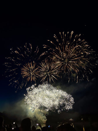 fireworks in the night sky at chiangmai thailandの写真素材